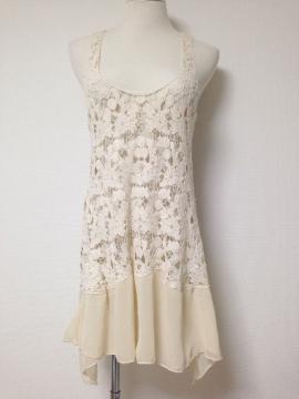 ベージュフラワーカギ編みクロシェシフォンワンピチュニック