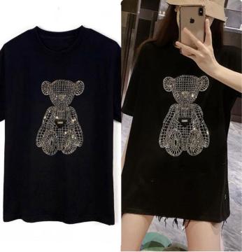 ゆったり キラキララインストーン キュートクマ柄 tシャツ  ブラック 大きいサイズ