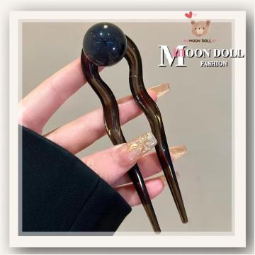 丸かんざし/髪留め/髪飾り/マーブル玉/U字かんざし/黒