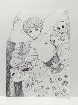 オリジナルイラスト 手描きイラスト UFO 宇宙人 少年ハンドメイド インテリア 絵 モノクロ アナログ アート 自作 原画 白黒
