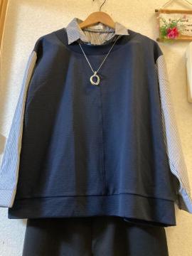 3L未使用紺×紺ストライプ異素材カットソー