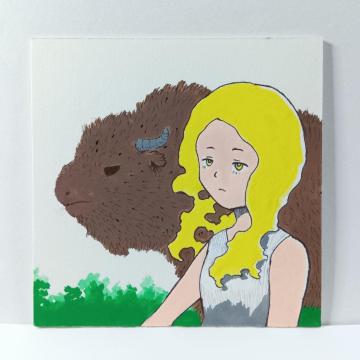 オリジナルイラスト 手描きイラスト 動物と女の子 ハンドメイド インテリア 絵 原画 自作 アート アナログイラスト art