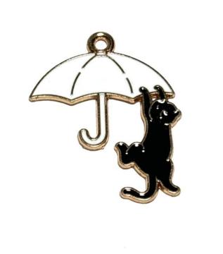 216 白い傘に黒猫 1個 エナメルチャーム パーツ ねこ◯