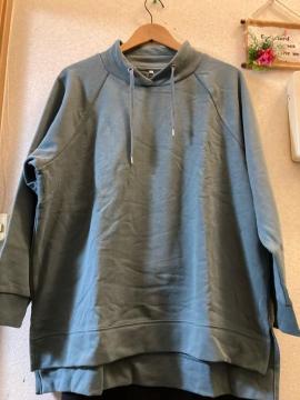 3L新品スモーキーブルーグリーン立ちV衿トレーナー