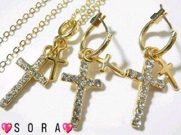 【プラチナ】ダブルクロスネックレス&ピアス 3点セット ゴールド