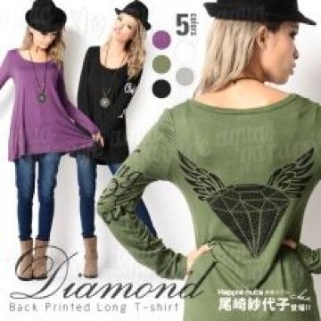 《New》Aライン★バック*ダイヤモンド&ウィング・プリントロンTee(ロング丈)<グレー>