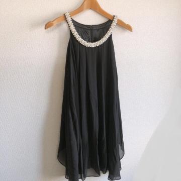 ◆襟パールワンピース◆ブラック9AR★結婚式お呼ばれ懇親会など♪1回着用のみ