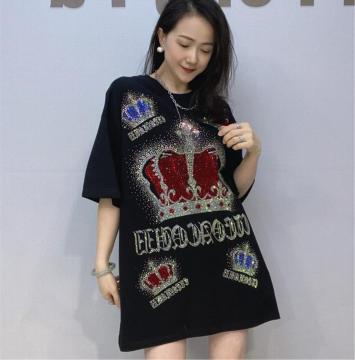 キラキララインストーン付き 王冠柄 ロングtシャツ  ゆったり ブラック 大きいサイズ