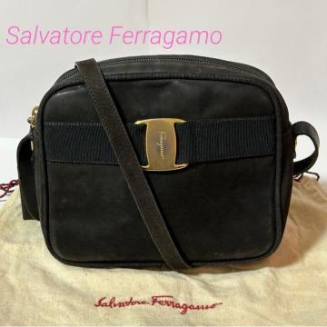 Salvatore Ferragamo �t�F���K�� D213096 ���@�� �X�G�[�h ���U�[ �V�����_�[�o�b�O �u���b�N �S�[���h