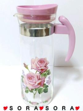 お茶.お水.ジュース.アイスティ等に♪ピンク薔薇ローズ柄 広口ピッチャー