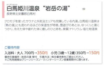 1枚 日本駐車場AA☆岩岳の湯 半額券 日本スキー場開発 優待 長野県 白馬の岩岳スキー場近く