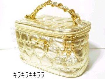 《New》リボン付★ハート*エナメルキルティング・バニティバッグ<ゴールド>