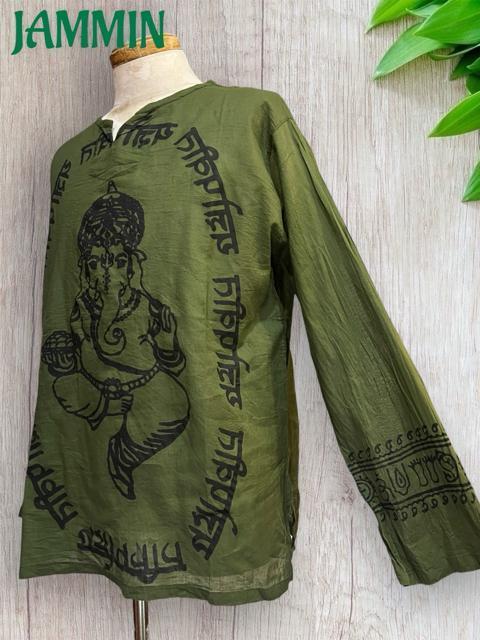 ガネーシャ神クルタ カーキ 長袖 アジアン アジアン ヒッピー < 男性ファッション ガネーシャ神クルタ カーキ 長袖 アジアン アジアン ヒッピー < 男性ファッションの