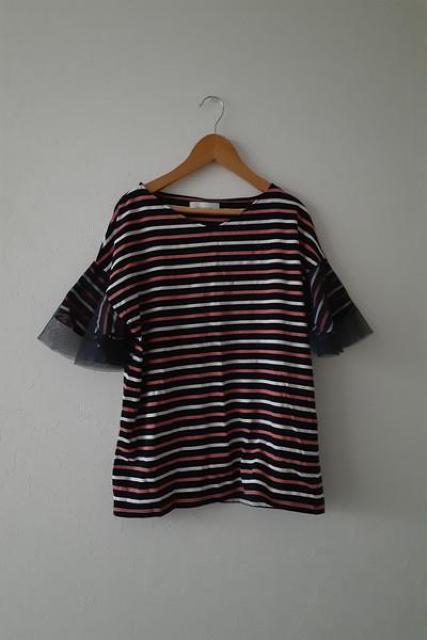 Simplicite シンプリシテェ◆袖チュールフリル ボーダー コットン Tシャツ カットソー < 女性ファッション Simplicite シンプリシテェ◆袖チュールフリル ボーダー コットン Tシャツ カットソー < 女性ファッションの