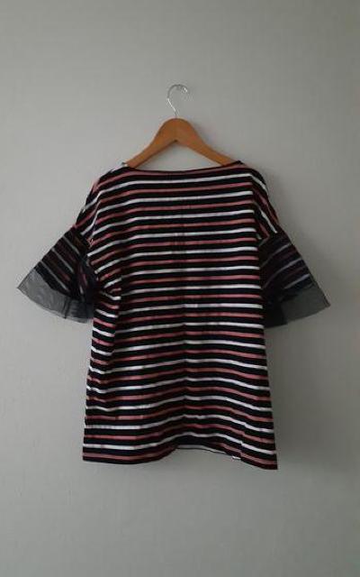 Simplicite シンプリシテェ◆袖チュールフリル ボーダー コットン Tシャツ カットソー < 女性ファッション Simplicite シンプリシテェ◆袖チュールフリル ボーダー コットン Tシャツ カットソー < 女性ファッションの