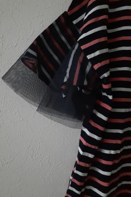 Simplicite シンプリシテェ◆袖チュールフリル ボーダー コットン Tシャツ カットソー < 女性ファッション Simplicite シンプリシテェ◆袖チュールフリル ボーダー コットン Tシャツ カットソー < 女性ファッションの