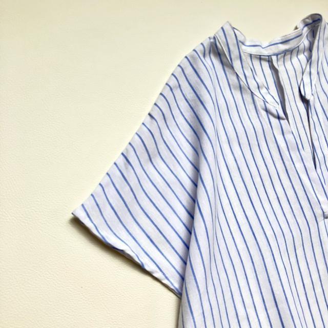 ◆美品◆大きいサイズ感◆リネン混半袖シャツワンピース◆チュニック◆白×青◆水色 < 女性ファッション  ◆美品◆大きいサイズ感◆リネン混半袖シャツワンピース◆チュニック◆白×青◆水色 < 女性ファッションの