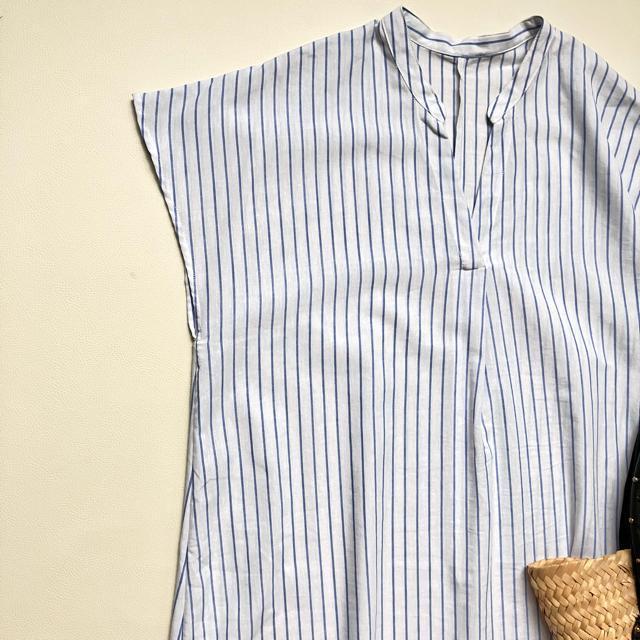 ◆美品◆大きいサイズ感◆リネン混半袖シャツワンピース◆チュニック◆白×青◆水色 < 女性ファッション  ◆美品◆大きいサイズ感◆リネン混半袖シャツワンピース◆チュニック◆白×青◆水色 < 女性ファッションの