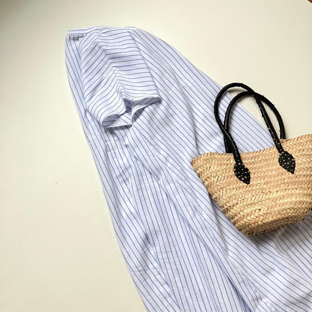 ◆美品◆大きいサイズ感◆リネン混半袖シャツワンピース◆チュニック◆白×青◆水色 < 女性ファッション  ◆美品◆大きいサイズ感◆リネン混半袖シャツワンピース◆チュニック◆白×青◆水色 < 女性ファッションの