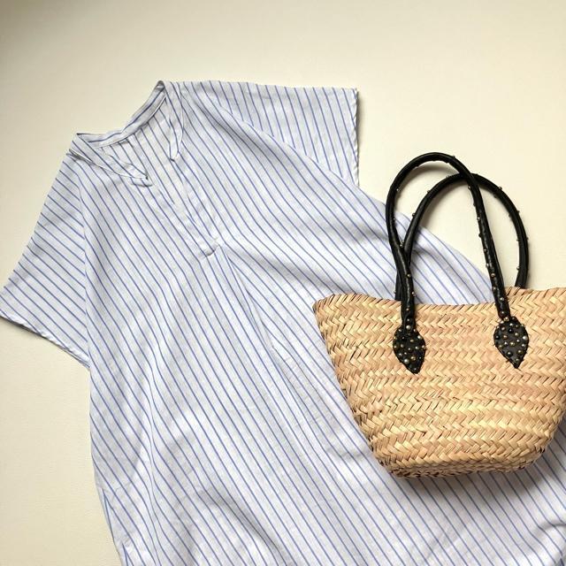 ◆美品◆大きいサイズ感◆リネン混半袖シャツワンピース◆チュニック◆白×青◆水色 < 女性ファッション  ◆美品◆大きいサイズ感◆リネン混半袖シャツワンピース◆チュニック◆白×青◆水色 < 女性ファッションの