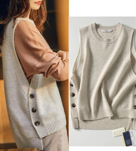 ニットベスト セーター サイドボタン付き ベージュ 大きいサイズ < 女性ファッション  ニットベスト セーター サイドボタン付き ベージュ 大きいサイズ  < 女性ファッションの