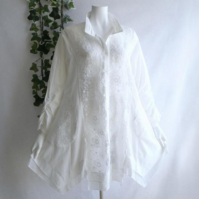 新品 9819 ML オーガンジー 花刺繍 シャツ チュニック 白 春 夏 秋 レディース 綿100% 美しい透け感 異素材切替 < 女性ファッション 新品 9819 ML オーガンジー 花刺繍 シャツ チュニック 白 春 夏 秋 レディース 綿100% 美しい透け感 異素材切替 < 女性ファッションの