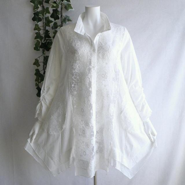 新品 9819 ML オーガンジー 花刺繍 シャツ チュニック 白 春 夏 秋 レディース 綿100% 美しい透け感 異素材切替 < 女性ファッション 新品 9819 ML オーガンジー 花刺繍 シャツ チュニック 白 春 夏 秋 レディース 綿100% 美しい透け感 異素材切替 < 女性ファッションの