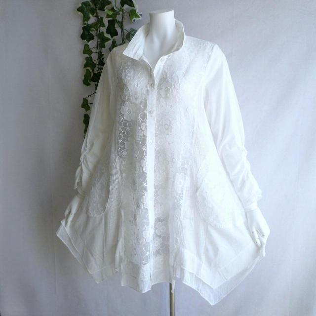 新品 9819 ML オーガンジー 花刺繍 シャツ チュニック 白 春 夏 秋 レディース 綿100% 美しい透け感 異素材切替 < 女性ファッション 新品 9819 ML オーガンジー 花刺繍 シャツ チュニック 白 春 夏 秋 レディース 綿100% 美しい透け感 異素材切替 < 女性ファッションの