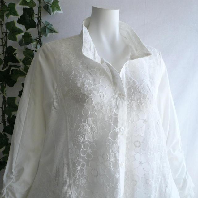 新品 9819 ML オーガンジー 花刺繍 シャツ チュニック 白 春 夏 秋 レディース 綿100% 美しい透け感 異素材切替 < 女性ファッション 新品 9819 ML オーガンジー 花刺繍 シャツ チュニック 白 春 夏 秋 レディース 綿100% 美しい透け感 異素材切替 < 女性ファッションの