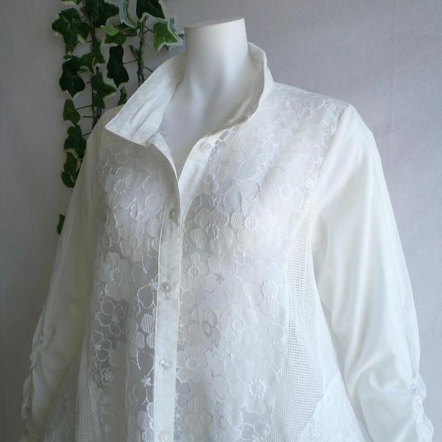 新品 9819 ML オーガンジー 花刺繍 シャツ チュニック 白 春 夏 秋 レディース 綿100% 美しい透け感 異素材切替 < 女性ファッション 新品 9819 ML オーガンジー 花刺繍 シャツ チュニック 白 春 夏 秋 レディース 綿100% 美しい透け感 異素材切替 < 女性ファッションの