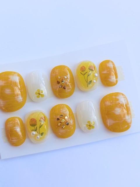 売り切り値下げ☆ジェルネイル 琥珀風 マスタードマーブル お花 ショート < 香水/コスメ/ネイル 売り切り値下げ☆ジェルネイル 琥珀風 マスタードマーブル お花 ショート < 香水/コスメ/ネイルの