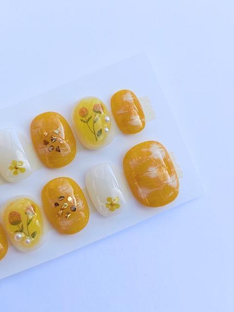 売り切り値下げ☆ジェルネイル 琥珀風 マスタードマーブル お花 ショート < 香水/コスメ/ネイル 売り切り値下げ☆ジェルネイル 琥珀風 マスタードマーブル お花 ショート < 香水/コスメ/ネイルの