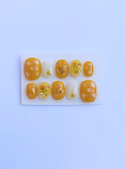売り切り値下げ☆ジェルネイル 琥珀風 マスタードマーブル お花 ショート < 香水/コスメ/ネイル 売り切り値下げ☆ジェルネイル 琥珀風 マスタードマーブル お花 ショート < 香水/コスメ/ネイルの