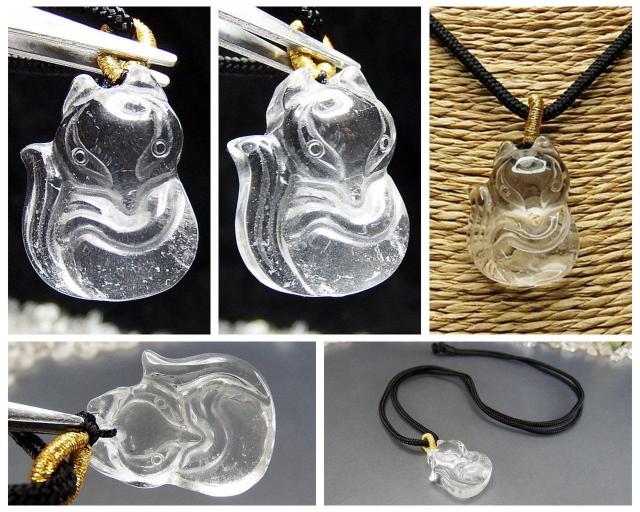 天然石水晶きつね狐彫り品小サイズペンダントトップ黒紐ネックレス魅力アップ開運 < 女性アクセサリー/時計  天然石水晶きつね狐彫り品小サイズペンダントトップ黒紐ネックレス魅力アップ開運 < 女性アクセサリー/時計の