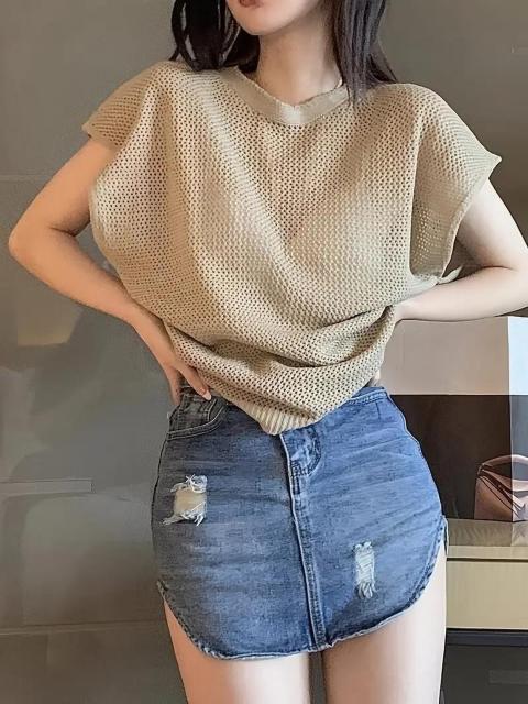超お買い得1290円★レディース セクシー 夏用 クロップドセーター  半袖 レース風 カットアウト シースルー カーキ フリー < 女性ファッション  超お買い得1290円★レディース セクシー 夏用 クロップドセーター  半袖 レース風 カットアウト シースルー カーキ フリー < 女性ファッションの