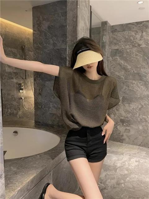 超お買い得1290円★レディース セクシー 夏用 クロップドセーター  半袖 レース風 カットアウト シースルー カーキ フリー < 女性ファッション  超お買い得1290円★レディース セクシー 夏用 クロップドセーター  半袖 レース風 カットアウト シースルー カーキ フリー < 女性ファッションの