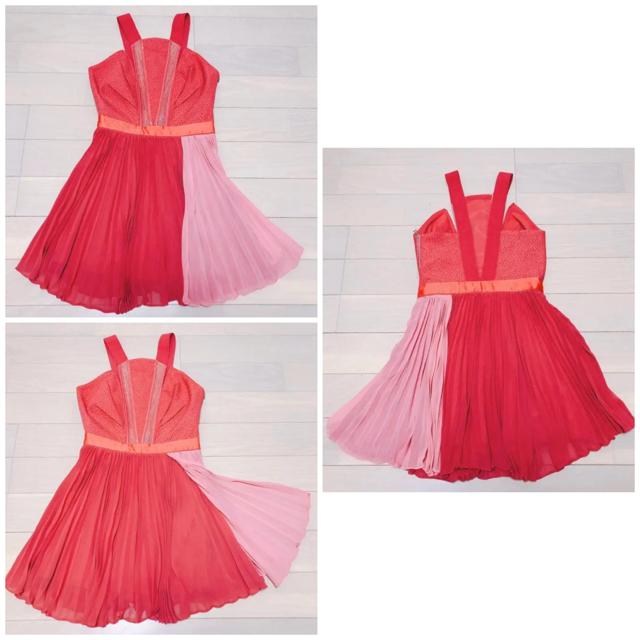 THREEFLOOR赤ピンクプリーツドレスワンピースレースバックシャン < 女性ファッション THREEFLOOR赤ピンクプリーツドレスワンピースレースバックシャン < 女性ファッションの