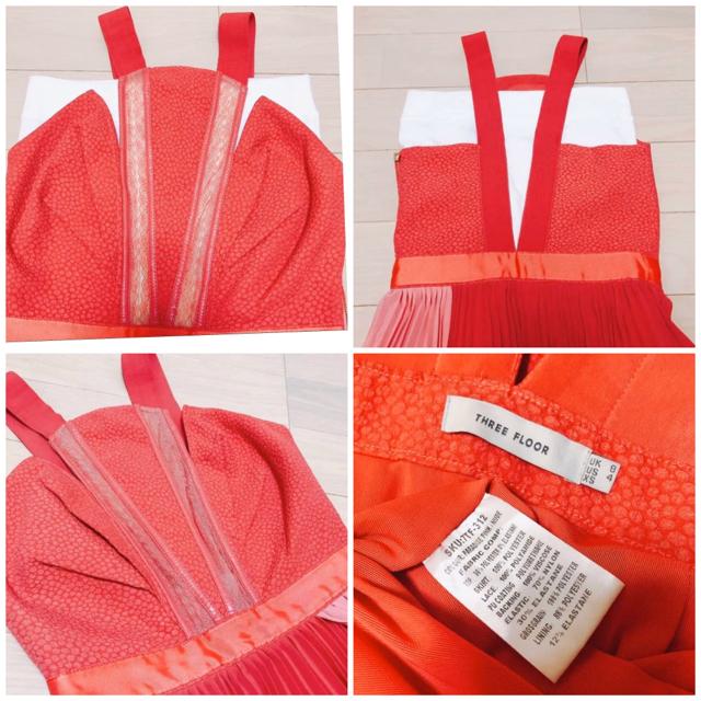 THREEFLOOR赤ピンクプリーツドレスワンピースレースバックシャン < 女性ファッション THREEFLOOR赤ピンクプリーツドレスワンピースレースバックシャン < 女性ファッションの