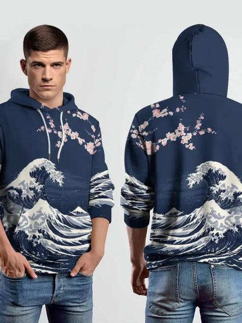 爆ヤス価格2390円★メンズノベルティ3D波と花柄プリントフード付きスウェットシャツ ドUSAサイズM(日本サイズXL相当) < 男性ファッション  爆ヤス価格2390円★メンズノベルティ3D波と花柄プリントフード付きスウェットシャツ ドUSAサイズM(日本サイズXL相当) < 男性ファッションの