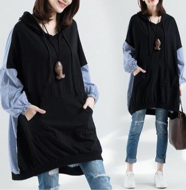 パーカー ストライプ柄切り替え チュニック 大きいサイズ < 女性ファッション パーカー ストライプ柄切り替え チュニック 大きいサイズ < 女性ファッションの