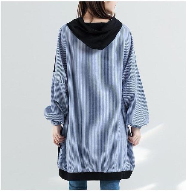 パーカー ストライプ柄切り替え チュニック 大きいサイズ < 女性ファッション パーカー ストライプ柄切り替え チュニック 大きいサイズ < 女性ファッションの