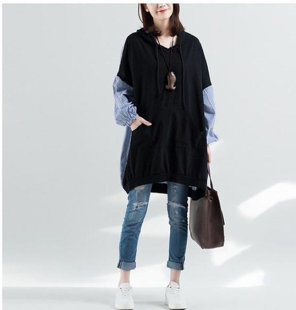 パーカー ストライプ柄切り替え チュニック 大きいサイズ < 女性ファッション パーカー ストライプ柄切り替え チュニック 大きいサイズ < 女性ファッションの