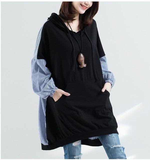 パーカー ストライプ柄切り替え チュニック 大きいサイズ < 女性ファッション パーカー ストライプ柄切り替え チュニック 大きいサイズ < 女性ファッションの