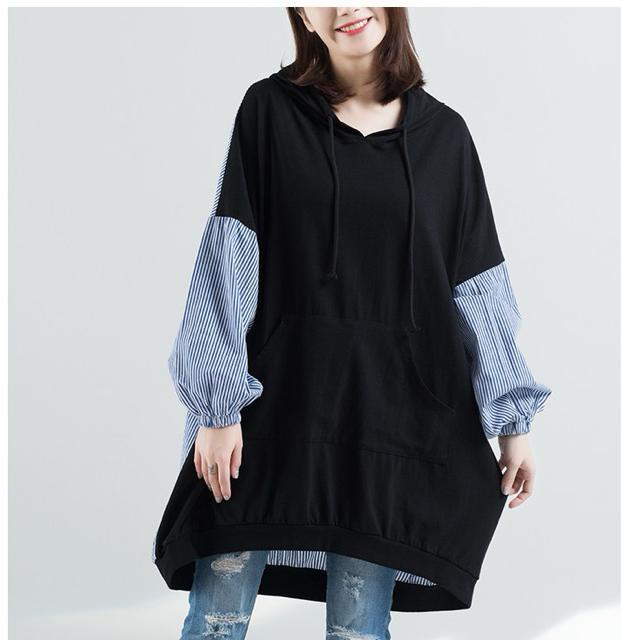 パーカー ストライプ柄切り替え チュニック 大きいサイズ < 女性ファッション パーカー ストライプ柄切り替え チュニック 大きいサイズ < 女性ファッションの