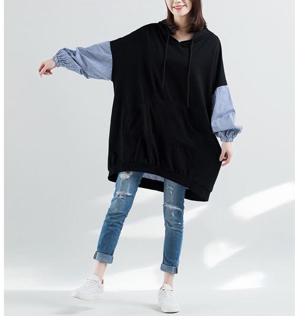 パーカー ストライプ柄切り替え チュニック 大きいサイズ < 女性ファッション パーカー ストライプ柄切り替え チュニック 大きいサイズ < 女性ファッションの