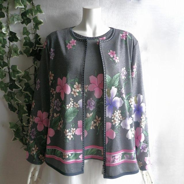 新品 9966 LL 高級 ツインニット アンサンブル グレー系 秋冬 大きな花柄 カーディガン プルオーバー 上品 上質 < 女性ファッション 新品 9966 LL 高級 ツインニット アンサンブル グレー系 秋冬 大きな花柄 カーディガン プルオーバー 上品 上質 < 女性ファッションの