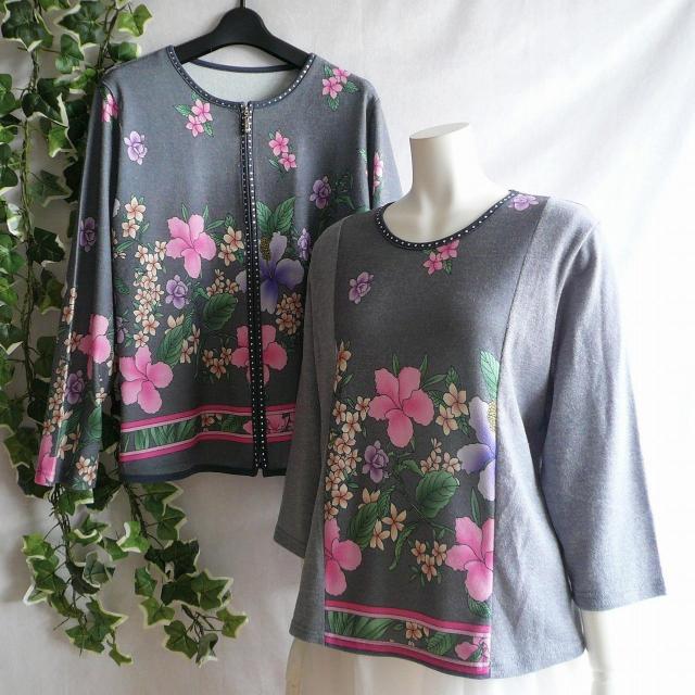 新品 9966 LL 高級 ツインニット アンサンブル グレー系 秋冬 大きな花柄 カーディガン プルオーバー 上品 上質 < 女性ファッション 新品 9966 LL 高級 ツインニット アンサンブル グレー系 秋冬 大きな花柄 カーディガン プルオーバー 上品 上質 < 女性ファッションの