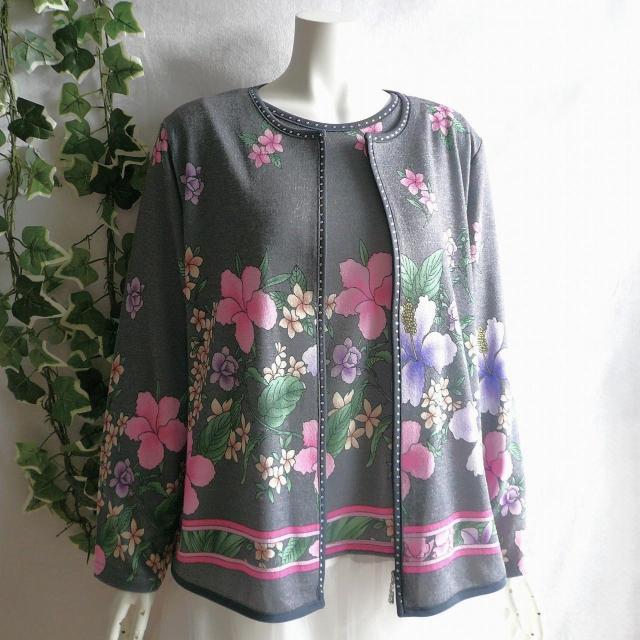 新品 9966 LL 高級 ツインニット アンサンブル グレー系 秋冬 大きな花柄 カーディガン プルオーバー 上品 上質 < 女性ファッション 新品 9966 LL 高級 ツインニット アンサンブル グレー系 秋冬 大きな花柄 カーディガン プルオーバー 上品 上質 < 女性ファッションの