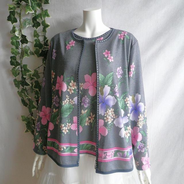 新品 9966 LL 高級 ツインニット アンサンブル グレー系 秋冬 大きな花柄 カーディガン プルオーバー 上品 上質 < 女性ファッション 新品 9966 LL 高級 ツインニット アンサンブル グレー系 秋冬 大きな花柄 カーディガン プルオーバー 上品 上質 < 女性ファッションの