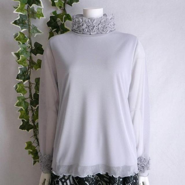 新品 8527 ML 花モチーフ ハイネック ブラウス 春 夏 秋 グレー メッシュ カットソー 袖花モチーフ 長袖 上品 < 女性ファッション 新品 8527 ML 花モチーフ ハイネック ブラウス 春 夏 秋 グレー メッシュ カットソー 袖花モチーフ 長袖 上品 < 女性ファッションの